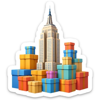 Empire State Building with boxes stacked in creative patterns, some boxes flying, lively sticker