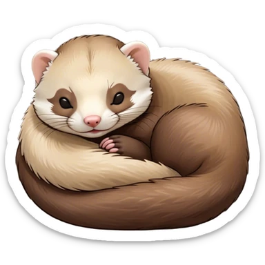 Meme-Worthy Cute Sleeping sable ferret Portrait Emoji, Head resting peacefully with a contented smile, showcasing a long, flexible body curled up in cozy repose, luxuriously soft fur in warm brown and cream, and eyes gently closed in serene slumber, Simplified yet hilariously adorable features, highly detailed, glowing with a soft, drowsy natural light, high shine, relaxed and utterly lovable, stylized with an air of playful laziness, bright and heartwarming, soft glowing outline, capturing the essence of a sleeping sable ferret that feels destined to become the next viral sensation of adorable rest! sticker
