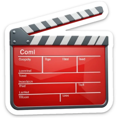 Glossy bright red clapperboard in the classic style of Apple icons: the top bar is tilted up-left, the body and bar with a deep glossy glare, dark gray edging, black background inside, perfectly square with rounded corners. sticker