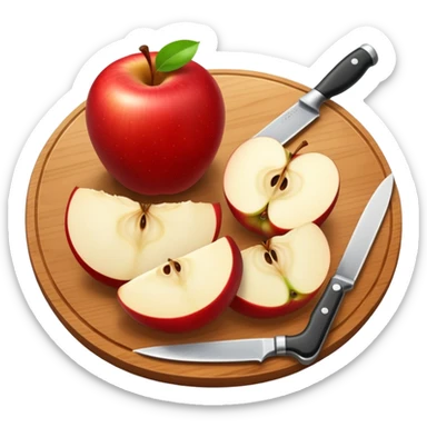 A round wooden board with a whole apple and several slices on it and knife sticker