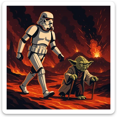 vector art of a Starwars stormtroopers is walking on lava planet with yoda, battleground background 
 sticker