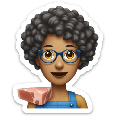 woman with blue curly hair and glasses holding a ham sticker