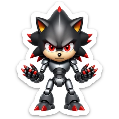 Angry robotic Shadow the Hedgehog with black metal body, red glowing eyes, chrome highlights, and robotic arms crossed sticker