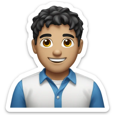 young man with a white and blue shirt and black hair with smile face sticker