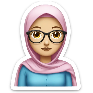 a white girl wearing galasses and blue dress and pink hijab sticker