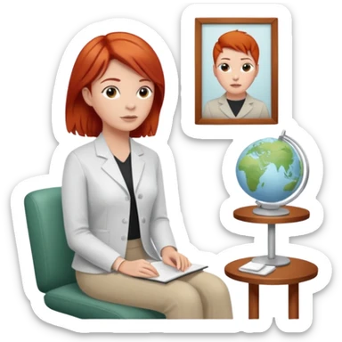 “Red-haired therapist in a calm, modern therapy room, attentively listening to a client, warm lighting, realistic style.” sticker