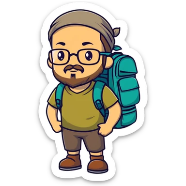 adventurer with goatee beard (no beard on cheeks), short hair, glasses, bandana on head and backpack sticker