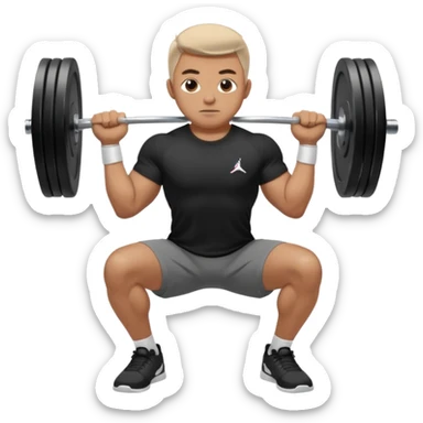 Hombre vestido con playera negra, pants gris y tenis blancos tipo jordan haciendo sentadilla libre con barra con un disco de 20 kilos por lado  sticker