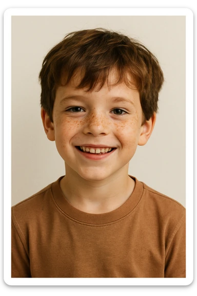 young boy with brown hair and freckles, smiling, minimal background sticker