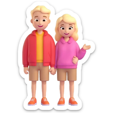 Two smiling cartoon-style characters standing close together, one slightly taller, cheerful expressions, matching clothes or colors, white background, emoji style sticker
