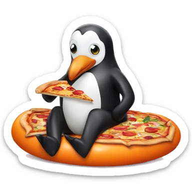 A penguin next to a door sitting on a pool float eating pizza sticker