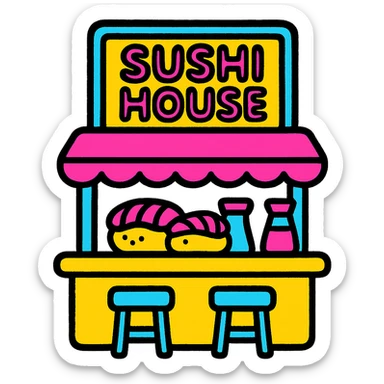 sushi house, modern sushi bar, neon sign, vibrant pop art style sticker
