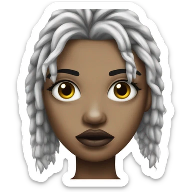 uma mulher zumbi, cabelos pretos, franja acima da sobrancelha, olhos castanhos, side labret piercing, piercing duplo aba nasal e no septo sticker