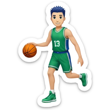 Full Body heavy tall white male with dark short spike hair basketball player wearing blue green uniform smiling sticker