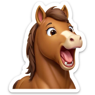 Cinematic Cute Yawning Bay Horse Portrait Emoji, Head tilted slightly with a dramatic, wide-open yawn, revealing a smooth bay fur with a subtle luster, floppy ears slightly drooping, round amber eyes barely open in drowsy contentment, Simplified yet irresistibly adorable features, highly detailed, glowing with a soft, cozy glow, high shine, relaxed yet expressive, stylized with a touch of equine whimsy, bright and endearing, soft glowing outline, capturing the essence of a sleepy yet affectionate horse, so drowsy it feels like it could stretch out of the screen and curl up for a nap! sticker