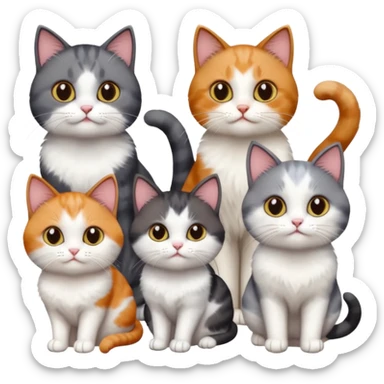 4 different coloured short haired cats including; a dark brown and white cat, and a dark grey and white, and a calico sticker