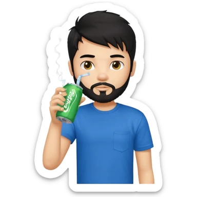 generate a pretty bratz boy with a messy black hair, drinking sprite can, bearded, blue tshirt sticker