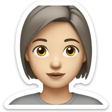 Girl with white skin and brown short hair, grey eyes and grey t-shirt sticker