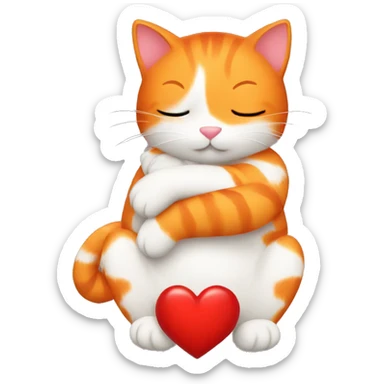 Orange cat hug red big  heart sticker