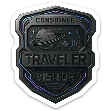 a metal insignia badge for a consignee traveler visitor, space scifi-futuristic cyberpunk futurepunk sticker