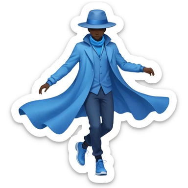 Male silhouette composed of blue ethereal flowing energy with minimal floating wardrobe pieces like hat, jacket and shoes orbiting around it, no facial features sticker