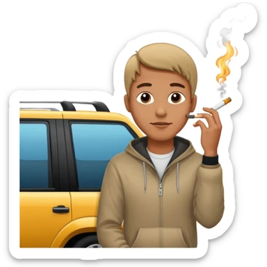 Leaning on the hood of his SUV with a cigarette sticker