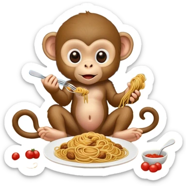Baby monkey eating spaghetti on the beach with ocean  sticker