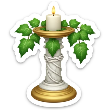 A candle-stand-pedestal made out of howlite stone with ivy vine leaves poking out on one side sticker