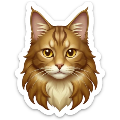 Cinematic Maine Coon Cat Portrait Emoji, Elegant and alert, sleek brown, gold, and cream tones, Simplified yet sharp features, highly detailed, glowing with a warm, confident glow, high shine, intelligent and poised, stylized with an air of grace, focused and attentive, soft glowing outline, capturing the essence of strength and grace, so lifelike it feels as though it could spring into motion with its majestic tail swishing at any moment! sticker