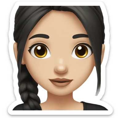 Slavic girl, light skin, long eye lashes, pink beige lips, brown eyes, long black straight hair , black T-shirt, chibi, smiling. sticker