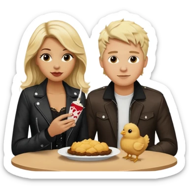 Love tan woman long wavy blonde hair and black lace  with  a white man short spiked blonde hair wearing Brown  jacket eating chick filet  sticker