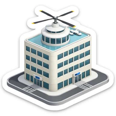hospital isometric view building with heliport sticker