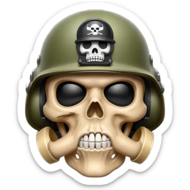 A bold emoji-style skull wearing a realistic army helmet,shushing . Clean vector style, high contrast, centered composition, modern emoji aesthetic, detailed helmet texture, confident and intense expression, 3D glossy finish, high resolution , no body , finger shuting is mouth sticker