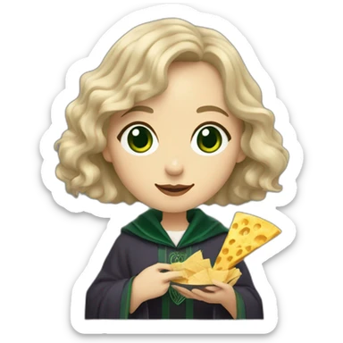 Slytherin girl with short wavy ash blonde bob hair and blue eyes eating chips and cheese hogwarts robe sticker