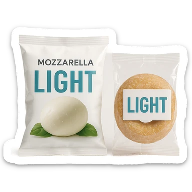 PACCHTTO DI MOZZARELLA LIGHT CON LA SCRITTA "LIGHT" SULLA CONFEZIONE, ACCANTO AD UN DONUT CONFEZIONATO CON LA SCRITTA "LIGHT" SULL'ETICHETTA,  iperrealistico 4k sticker