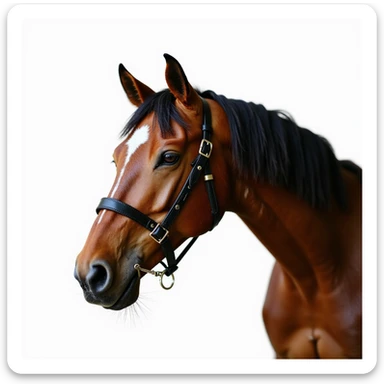 Hermès-style horse head with elegant leather harness, luxury, photorealistic, white background sticker
