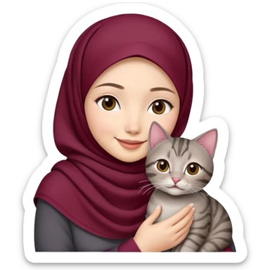 Asian white girl wearing  maroon hijab holding a black grey tabby cat while smiling sticker