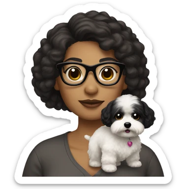 Light brown woman with black hair and black  glasses holding white MaltiPoo sticker