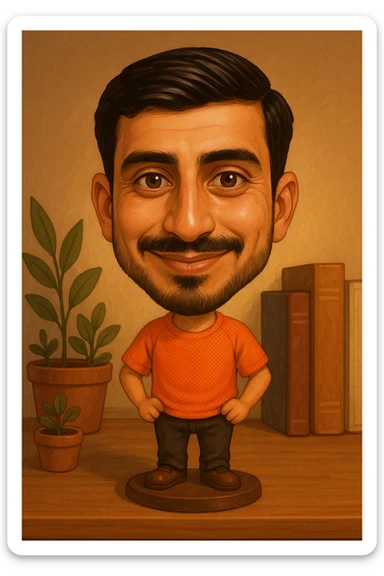 Create a bobblehead-style cartoon of the person in the reference image with a large head, small body, and a playful, friendly expression, rendered in bobblehead style. sticker
