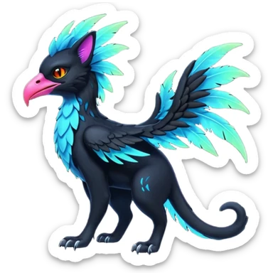 Black Dark Exotic Tropical Beaked Feathery Nocturnal Neon-glowing Abyssal Nightly Abyss-Cat-Gryphon-Salandit-Silvally-Fakémon Creature (full body) sticker