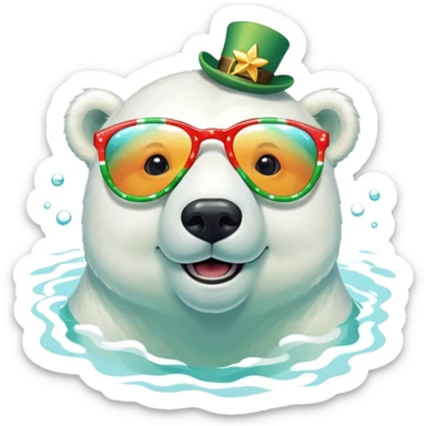 friendly anthropomorphised polar bear smiling, wearing large multicolored star-shaped glasses and festive St. Patrick's Day outfit, swimming in water sticker