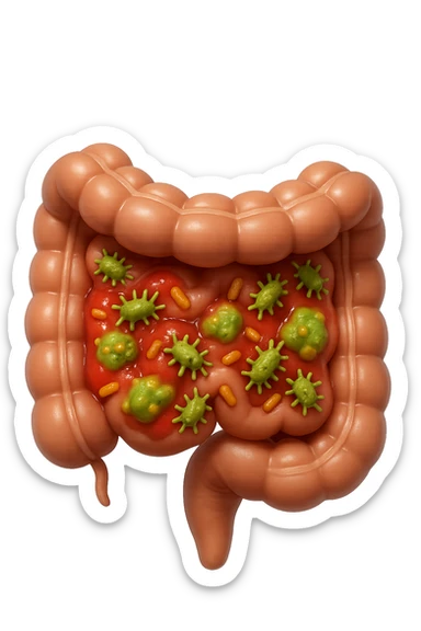 emoji stile iphone in 3d di intestino realistico con infezione e batteri dentro, iperrealistico 4k sticker