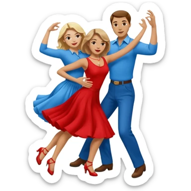 Two people. Man  wearing all red  with brown hair. Women iall blue with blond hair. Swing Dancing.  sticker