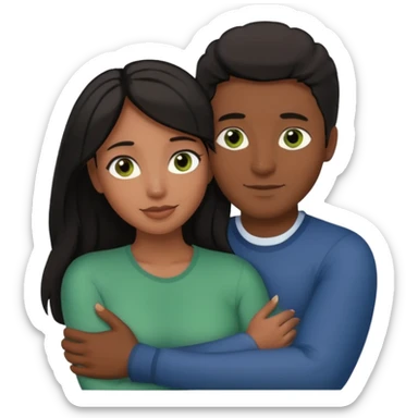 Couple embracing with arms around each other; black woman with brown eyes and lush hair, white man with brown hair and green eyes sticker