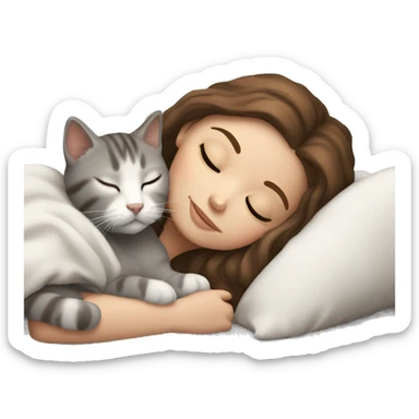 White girl brown hair sleeping with light grey kitten sticker