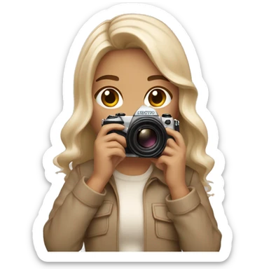 An aesthetic girl photographer holding a camera (in beige, neutral tones) light skin tone, mid hair length with light waves sticker