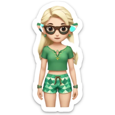 elf female legolas portrait, patterned board shorts (geometric/abstract), unique wooden-framed sunglasses, undercut hairstyle, slight smirk, visible pointy ears, no background, centered emoji, hipster summer vibe coctails sticker