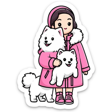 girl in pink Chanel-style outfit with white Samoyed dog sticker