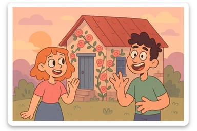 shabby house, pink roses climbing the walls, sunset in the background, everything in soft pastel colors sticker