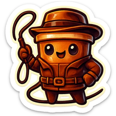 Tall coffee cup, dressed in leather holding a whip sticker